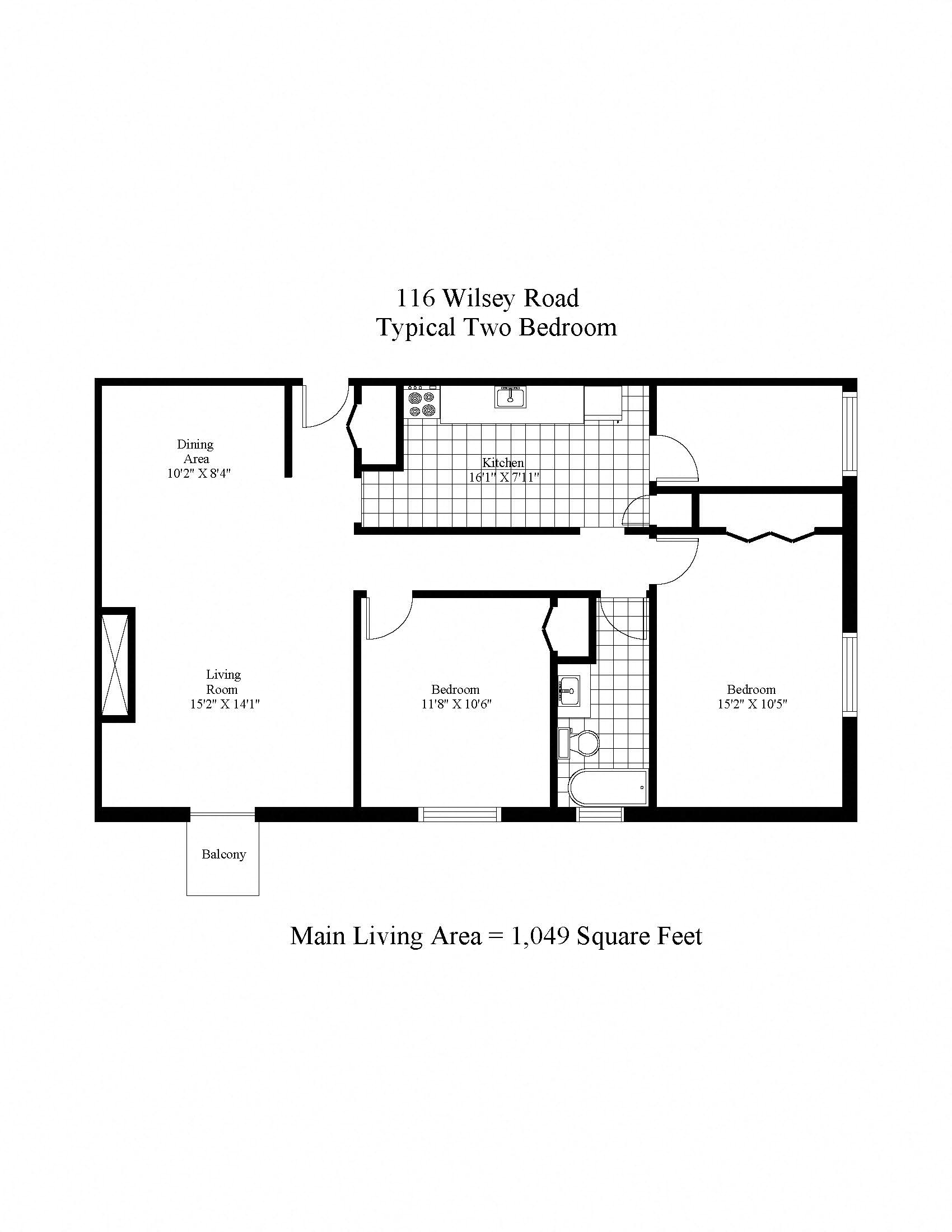 Floor plan for 2 beds, 1 bath